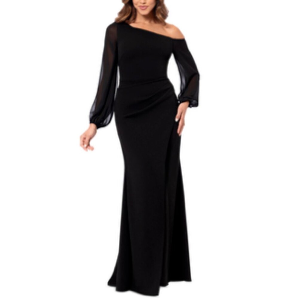 Betsy & Adam Women's One Shoulder Sheer Sleeve Dress